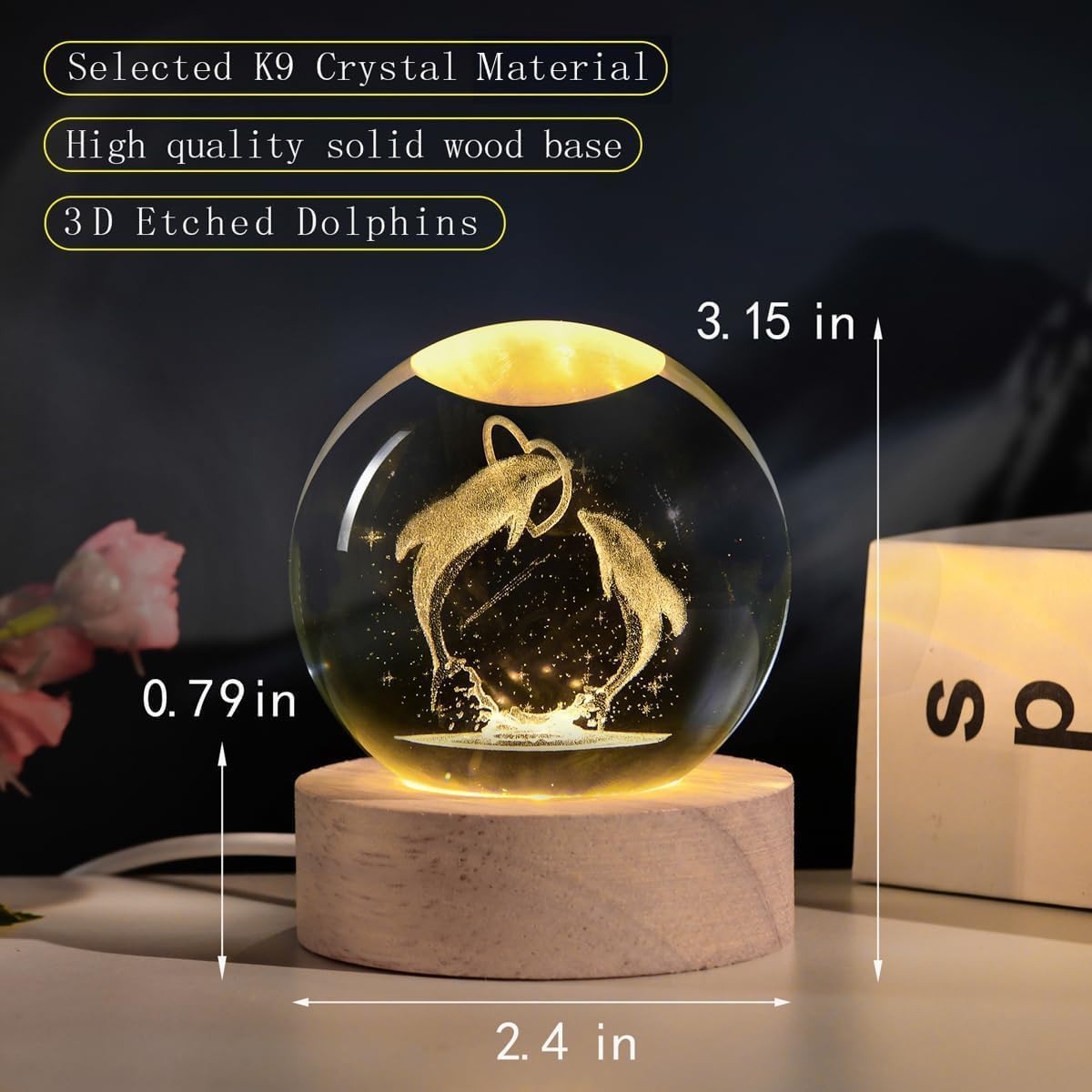 eumqestoer 3D Galaxy Crystal Ball Night Light | Dimmable Engraved LED Glass Ball Table Lamp with USB and Wooden Base for Home Decor, Office, Birthday Gift & Kids Bedroom (Dolphin)