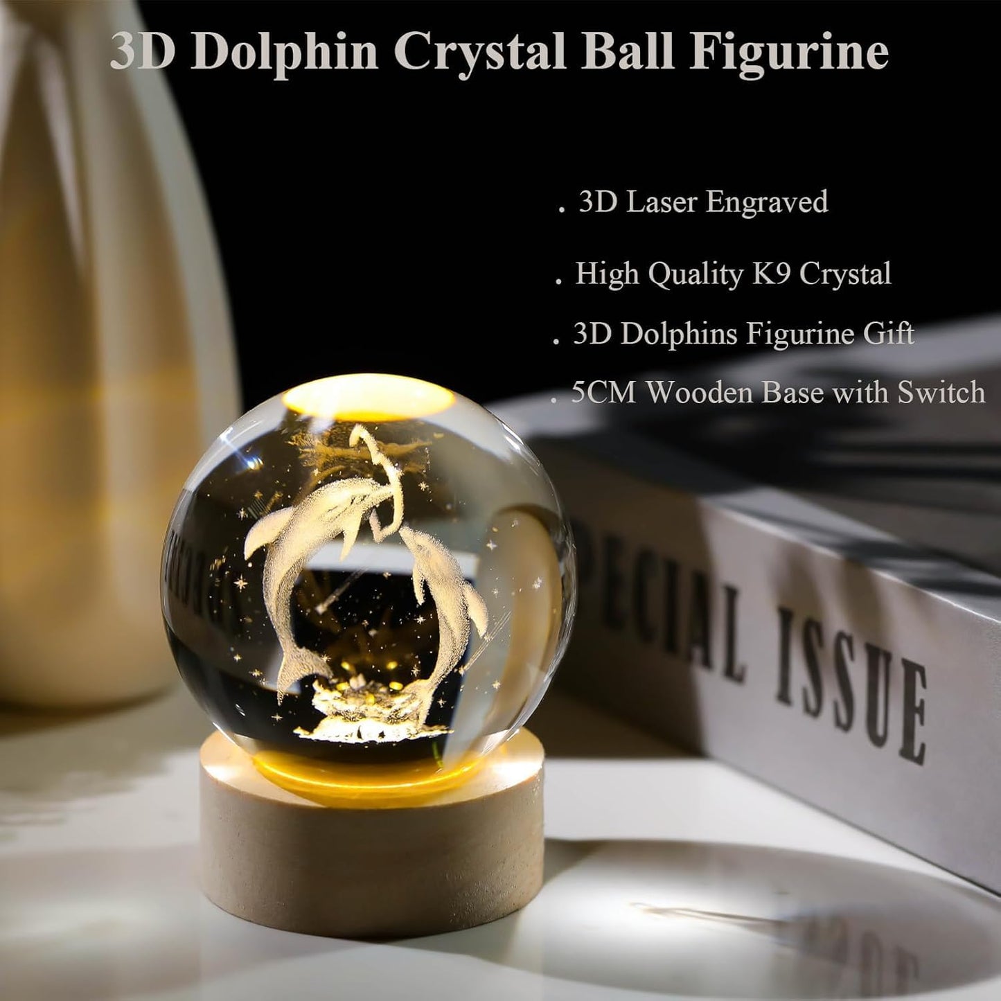 eumqestoer 3D Galaxy Crystal Ball Night Light | Dimmable Engraved LED Glass Ball Table Lamp with USB and Wooden Base for Home Decor, Office, Birthday Gift & Kids Bedroom (Dolphin)