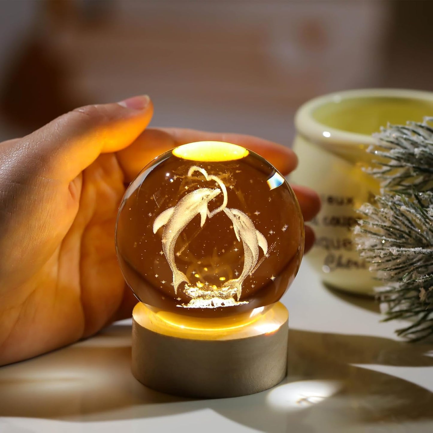 eumqestoer 3D Galaxy Crystal Ball Night Light | Dimmable Engraved LED Glass Ball Table Lamp with USB and Wooden Base for Home Decor, Office, Birthday Gift & Kids Bedroom (Dolphin)