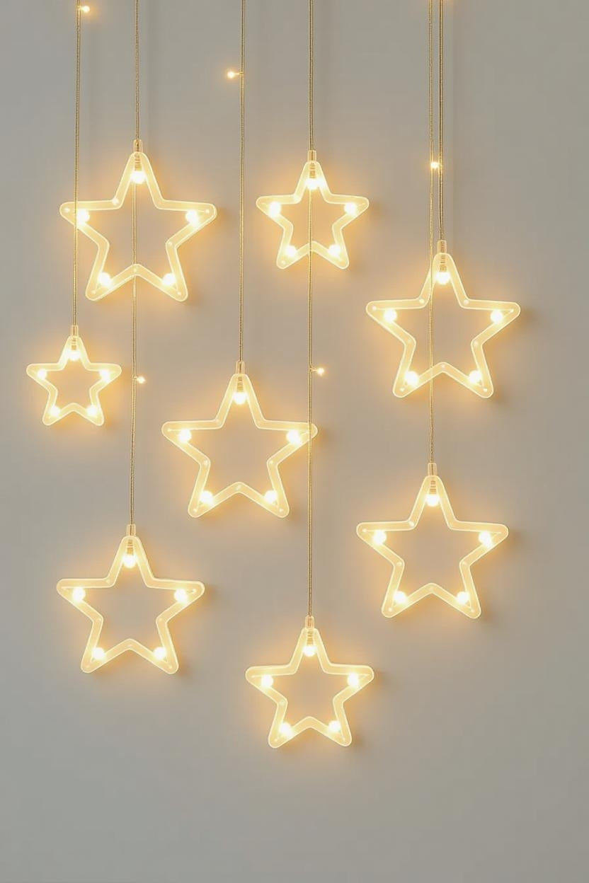 Decorative Star Curtain LED Lights for Diwali, 6+6 Star String Lights for Christmas, Wedding & Party Decoration, Warm White LED Curtain Fairy Lights for Home, Balcony & Festival Décor