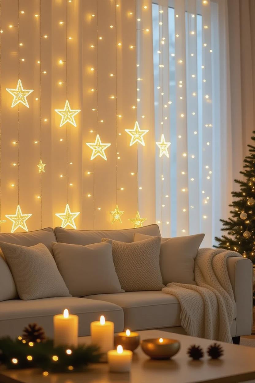 Decorative Star Curtain LED Lights for Diwali, 6+6 Star String Lights for Christmas, Wedding & Party Decoration, Warm White LED Curtain Fairy Lights for Home, Balcony & Festival Décor