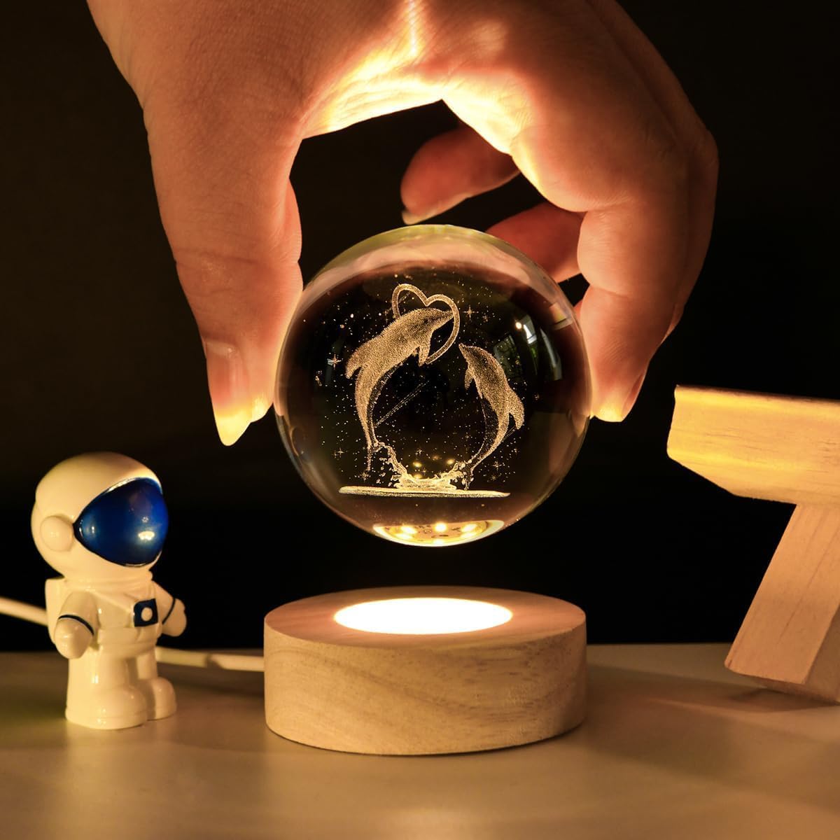 eumqestoer 3D Galaxy Crystal Ball Night Light | Dimmable Engraved LED Glass Ball Table Lamp with USB and Wooden Base for Home Decor, Office, Birthday Gift & Kids Bedroom (Dolphin)
