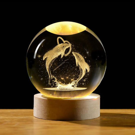 eumqestoer 3D Galaxy Crystal Ball Night Light | Dimmable Engraved LED Glass Ball Table Lamp with USB and Wooden Base for Home Decor, Office, Birthday Gift & Kids Bedroom (Dolphin)