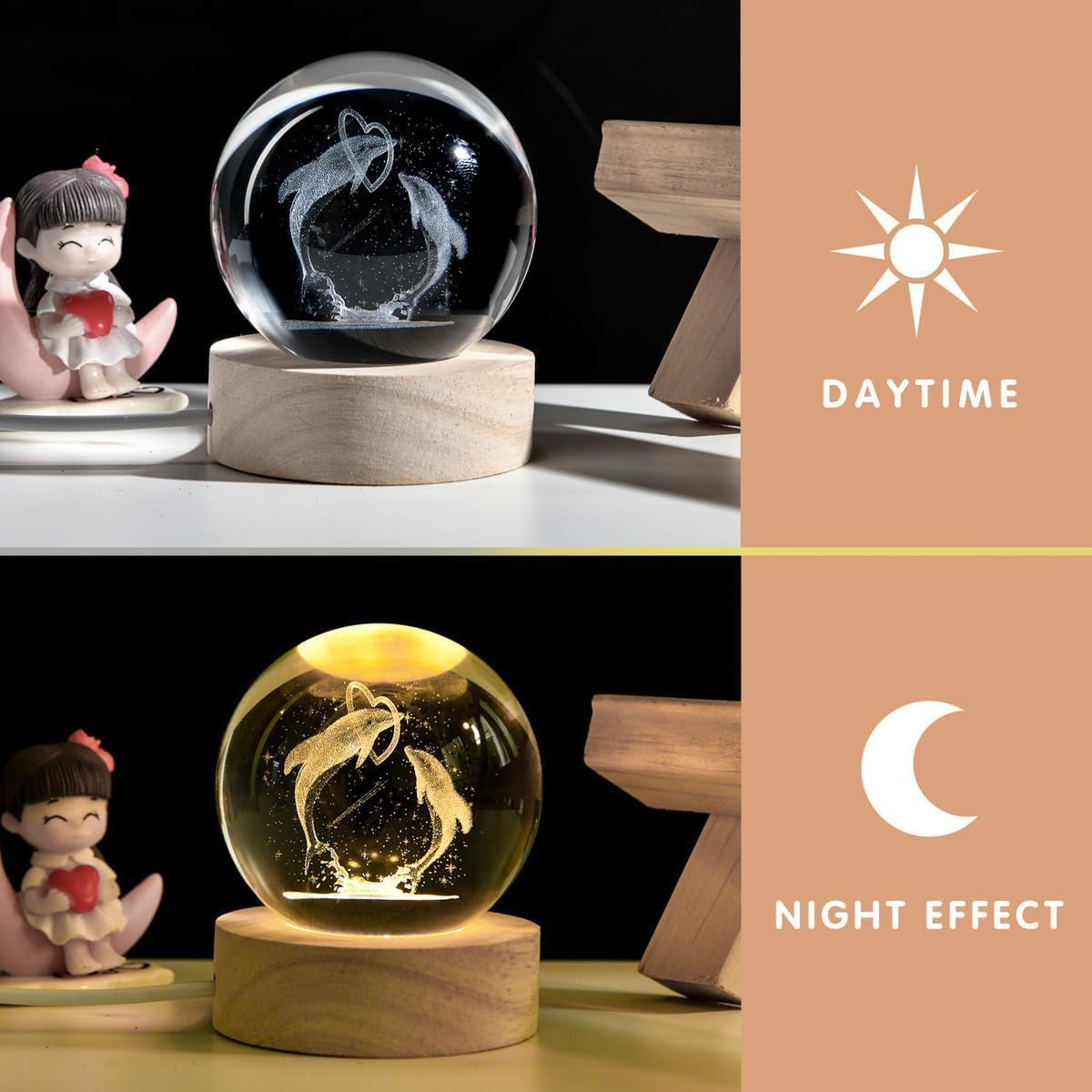 eumqestoer 3D Galaxy Crystal Ball Night Light | Dimmable Engraved LED Glass Ball Table Lamp with USB and Wooden Base for Home Decor, Office, Birthday Gift & Kids Bedroom (Dolphin)