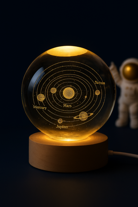 3D Galaxy Crystal Ball Night Light | Dimmable Engraved LED Glass Ball Table Lamp with USB and Wooden Base for Home Decor, Office, Birthday Gift & Kids Bedroom (Planet)
