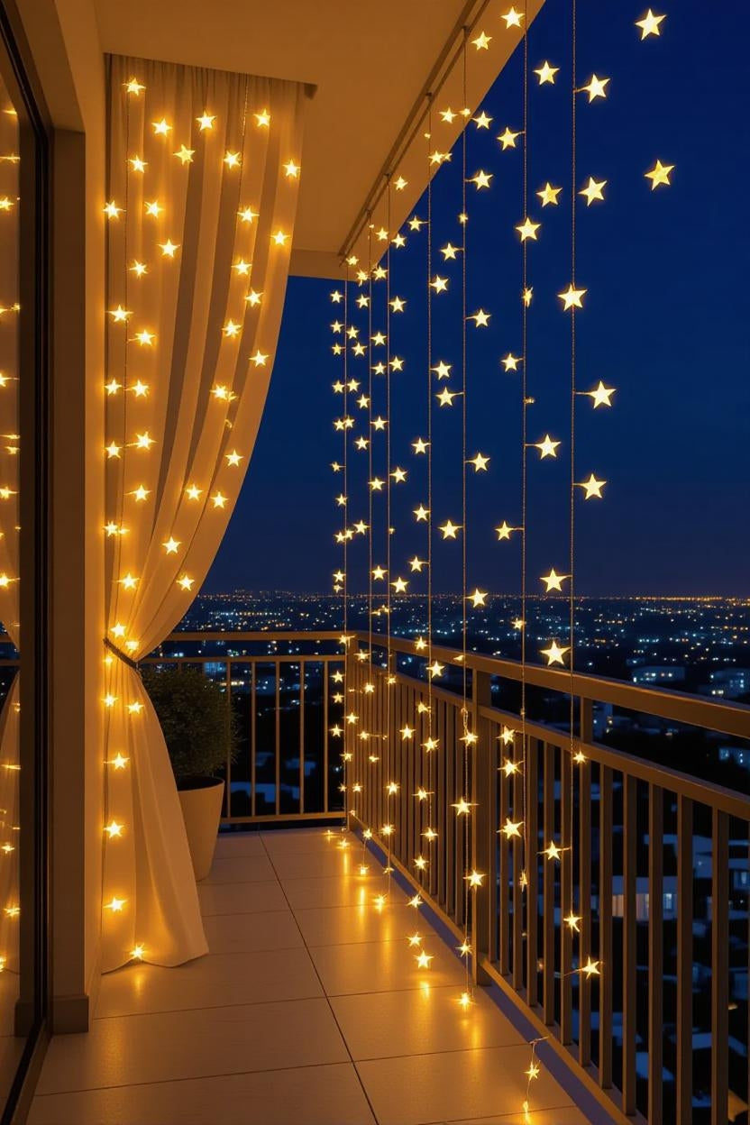 Decorative Star Curtain LED Lights for Diwali, 6+6 Star String Lights for Christmas, Wedding & Party Decoration, Warm White LED Curtain Fairy Lights for Home, Balcony & Festival Décor