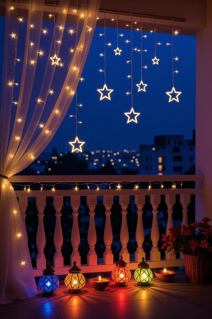 Decorative Star Curtain LED Lights for Diwali, 6+6 Star String Lights for Christmas, Wedding & Party Decoration, Warm White LED Curtain Fairy Lights for Home, Balcony & Festival Décor